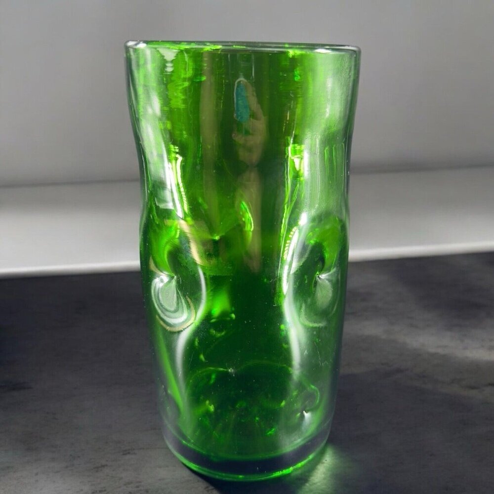 1970s Hand Blown Emerald Green Tall Cylinder Glass Vase Dimple Hand Made Vintage